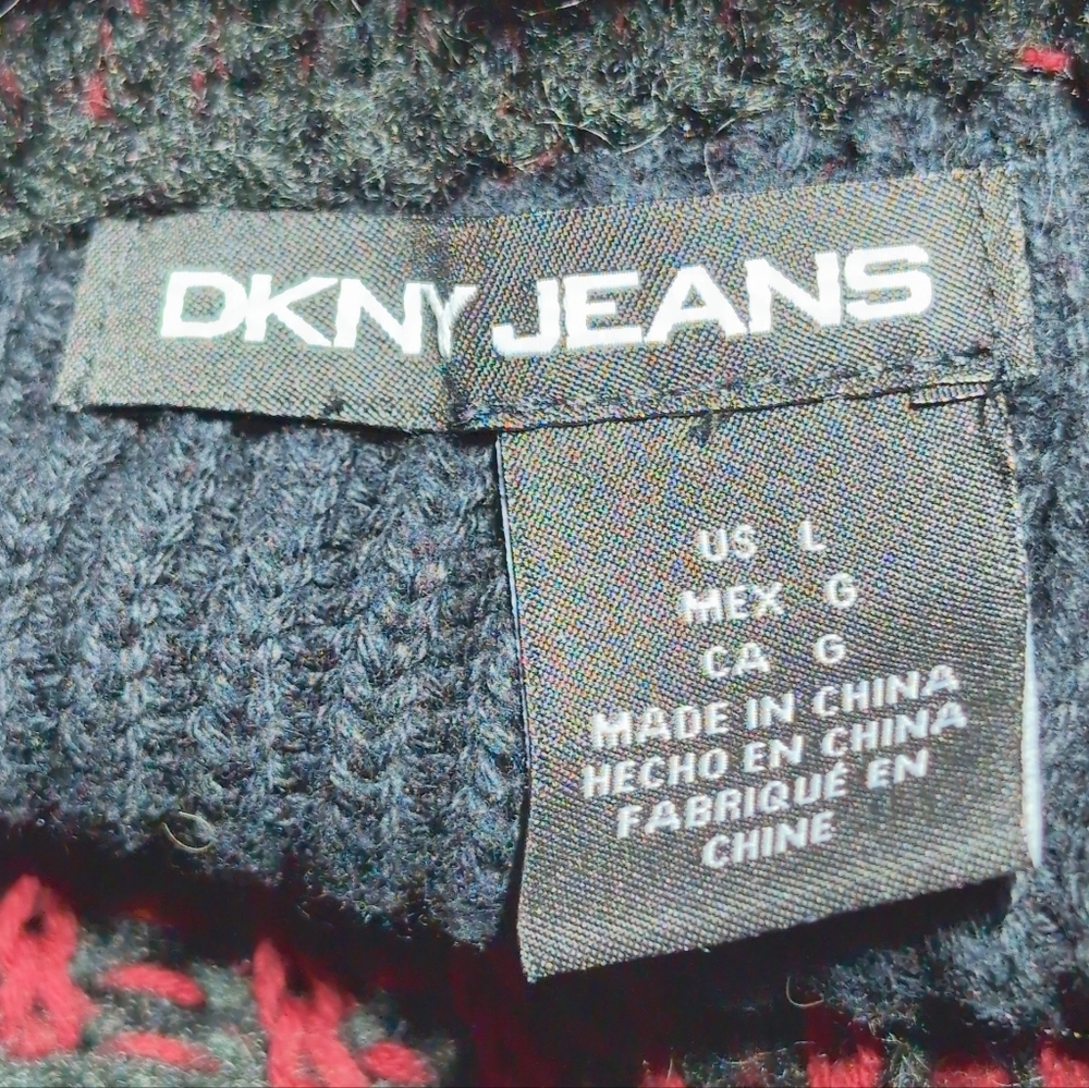 DKNY Cotton Acrylic Sz L Red and Black Striped Cowl Neck Sweater - Picture 7 of 8